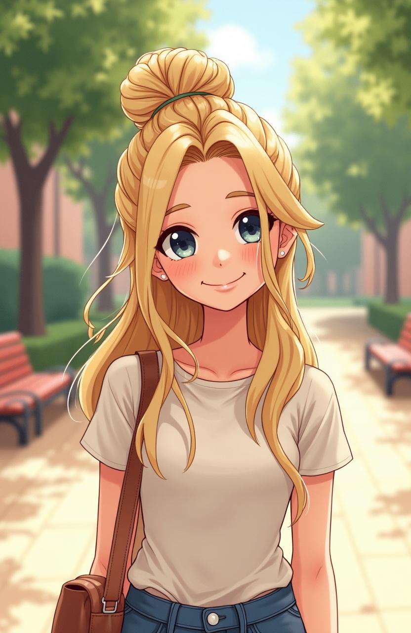 An illustration of a young woman with long, blonde hair styled in a slightly messy bun, giving off a casual and charming vibe