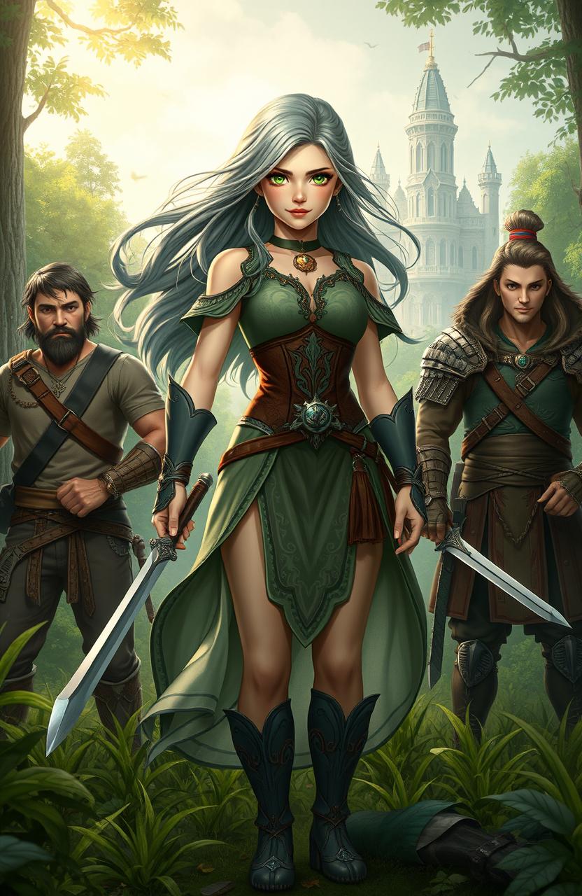 A young female elemental heir with flowing, shimmering hair and striking green eyes stands confidently in a lush forest