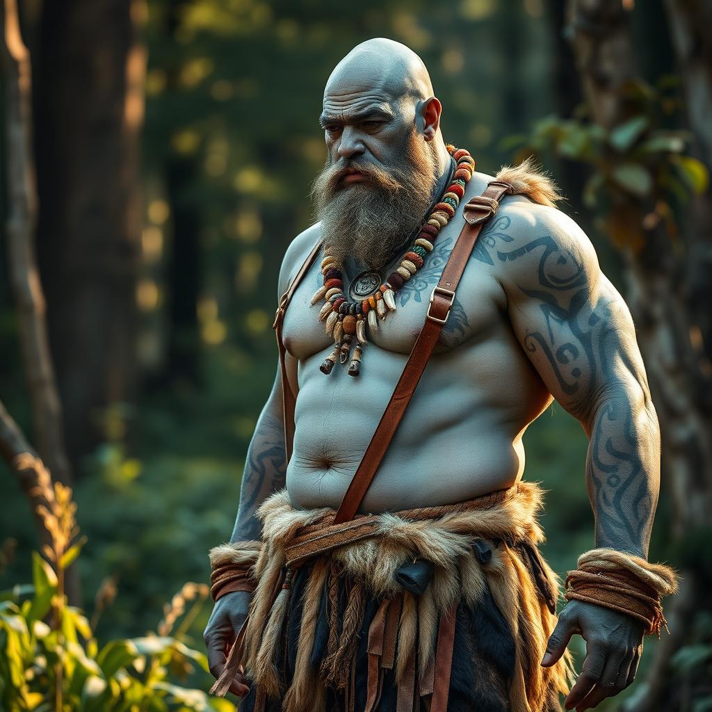 A robust and fit male Goliath shaman with striking grey skin, adorned with elaborate tribal tattoos that highlight his muscular physique