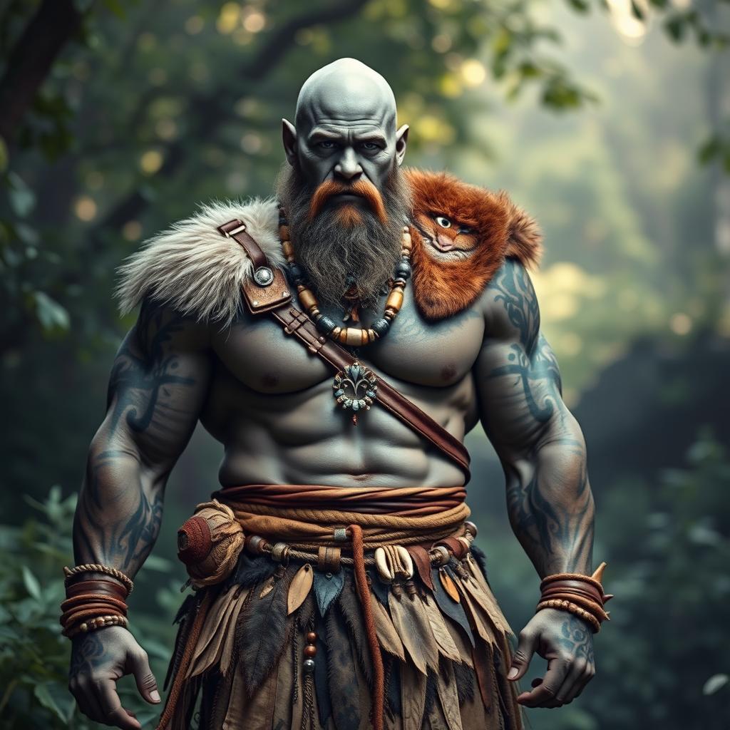 A muscular male Goliath shaman with striking grey skin, showcasing impressive tribal tattoos that accentuate his powerful physique
