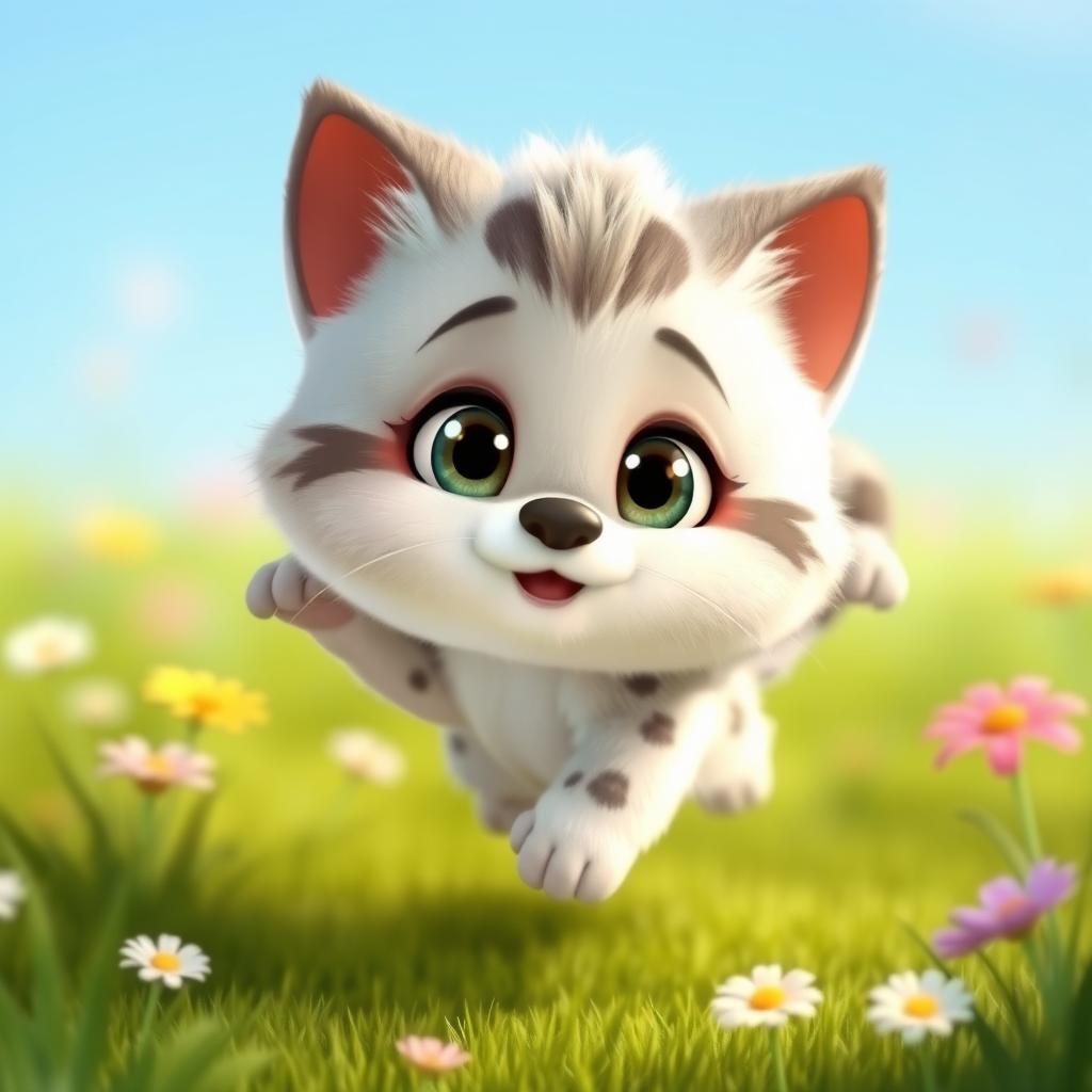 An adorable animated character inspired by Palla's cat, featuring a small, round face with large, expressive eyes and a tiny button nose