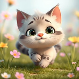 An adorable animated character inspired by Palla's cat, featuring a small, round face with large, expressive eyes and a tiny button nose