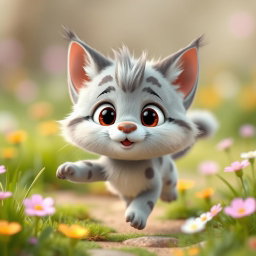An adorable animated character inspired by Palla's cat, featuring a small, round face with large, expressive eyes and a tiny button nose