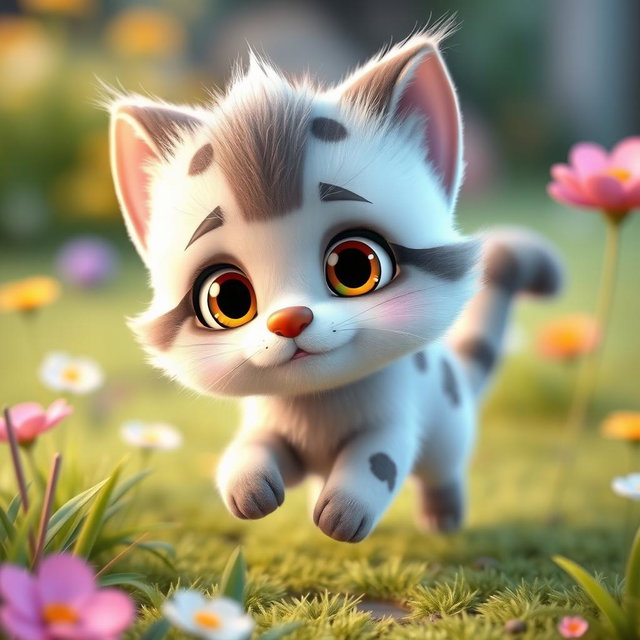 An adorable animated character inspired by Palla's cat, featuring a small, round face with large, expressive eyes and a tiny button nose