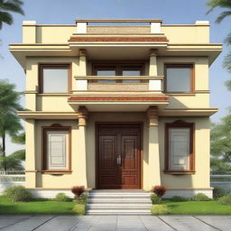 A simple front elevation of a North Indian style house, featuring traditional architectural elements, warm tones, and intricate detailing.