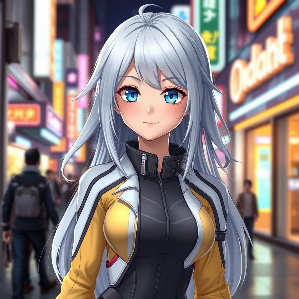 A 3D anime-style character design featuring an attractive young woman with long, flowing silver hair and striking blue eyes