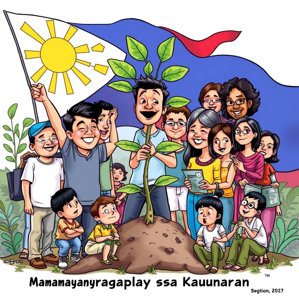 An editorial cartoon depicting a proud, diverse group of Filipino citizens, symbolizing 'Mamamayang Pilipino, Kaagapay sa Kaunlaran'