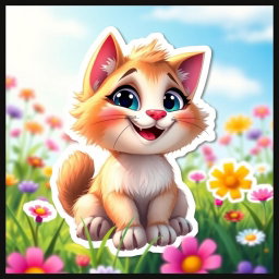 A Pixar-style sticker featuring a cute animated Palla's cat, characterized by its fluffy fur, large expressive eyes, and charming smile