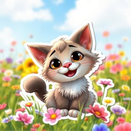 A Pixar-style sticker featuring a cute animated Palla's cat, characterized by its fluffy fur, large expressive eyes, and charming smile