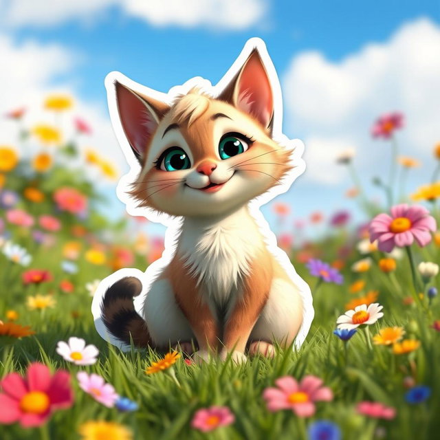 A Pixar-style sticker featuring a cute animated Palla's cat, characterized by its fluffy fur, large expressive eyes, and charming smile