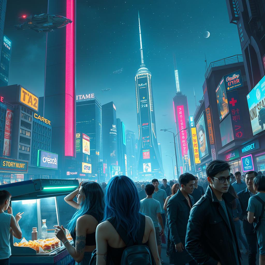 A captivating scene of a futuristic cityscape at night with a dazzling skyline featuring tall, illuminated skyscrapers