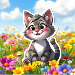 A Pixar-style sticker featuring a cute animated Palla's cat with a grey and white fur pattern, characterized by its fluffy texture, large expressive eyes, and a charming smile