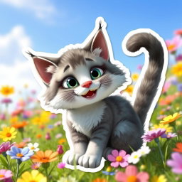 A Pixar-style sticker featuring a cute animated Palla's cat with a grey and white fur pattern, characterized by its fluffy texture, large expressive eyes, and a charming smile
