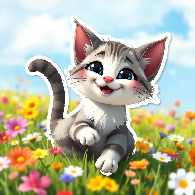 A Pixar-style sticker featuring a cute animated Palla's cat with a grey and white fur pattern, characterized by its fluffy texture, large expressive eyes, and a charming smile