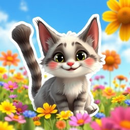 A Pixar-style sticker featuring a cute animated Palla's cat with a grey and white fur pattern, characterized by its fluffy texture, large expressive eyes, and a charming smile