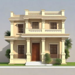 A simple front elevation of a North Indian style house, featuring traditional architectural elements, warm tones, and intricate detailing.