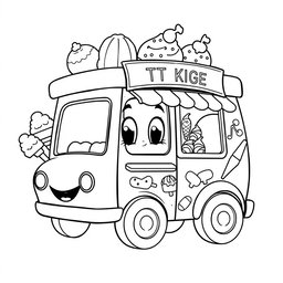 A black and white illustration of a cartoon ice cream truck, perfect for a coloring book