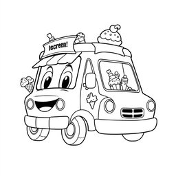 A black and white illustration of a cartoon ice cream truck, perfect for a coloring book