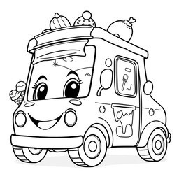 A black and white illustration of a cartoon ice cream truck, perfect for a coloring book