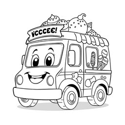 A black and white illustration of a cartoon ice cream truck, perfect for a coloring book
