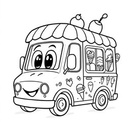 A black and white illustration of a cartoon ice cream truck, designed for a coloring book