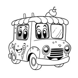 A black and white illustration of a cartoon ice cream truck, designed for a coloring book