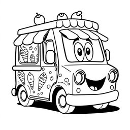 A black and white illustration of a cartoon ice cream truck, designed for a coloring book