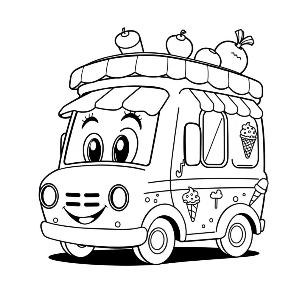 A black and white illustration of a cartoon ice cream truck, designed for a coloring book