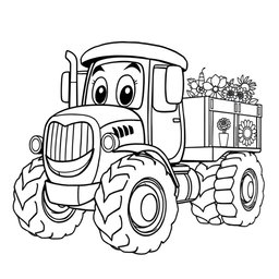 A black and white illustration of a cartoon tractor truck, designed for a coloring book
