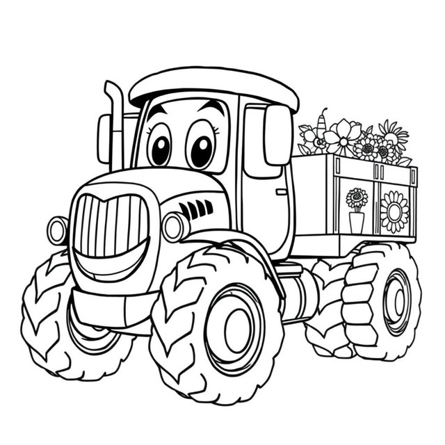 A black and white illustration of a cartoon tractor truck, designed for a coloring book