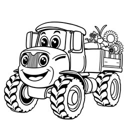 A black and white illustration of a cartoon tractor truck, designed for a coloring book