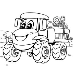 A black and white illustration of a cartoon tractor truck, designed for a coloring book