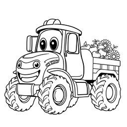 A black and white illustration of a cartoon tractor truck, designed for a coloring book