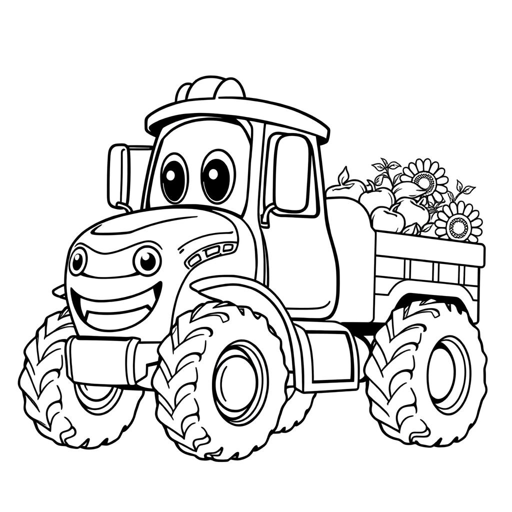 A black and white illustration of a cartoon tractor truck, designed for a coloring book