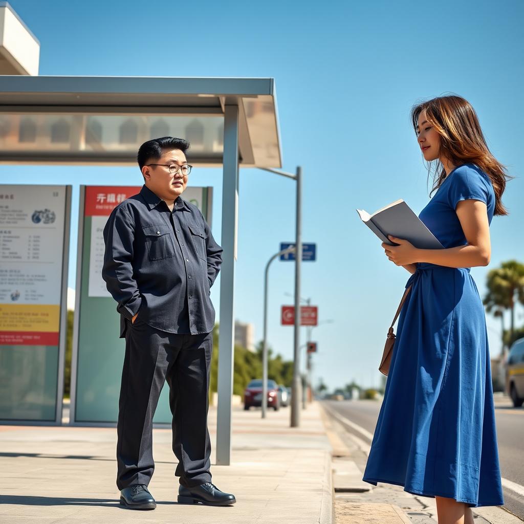 A North Korean young man wearing a blue shirt, black pants, and black shoes, gazing at a Spanish woman in a knee-length blue dress holding a book, standing at a bus stop