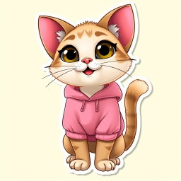 A cute, animated Palla's cat styled like a Pixar character, wearing a cozy pink boxer sweatshirt