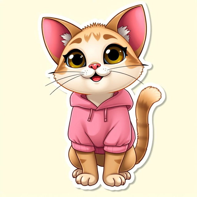 A cute, animated Palla's cat styled like a Pixar character, wearing a cozy pink boxer sweatshirt