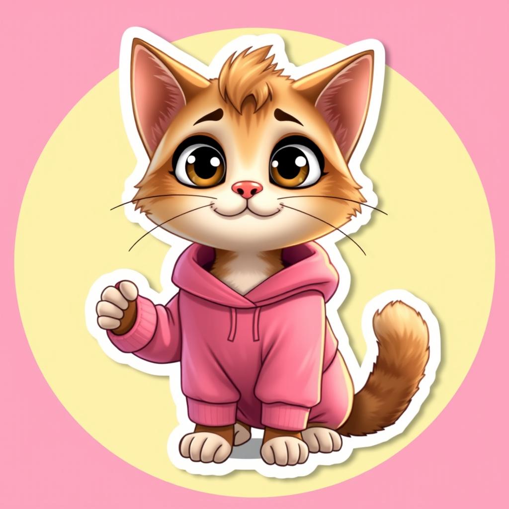 A cute, animated Palla's cat styled like a Pixar character, wearing a cozy pink boxer sweatshirt