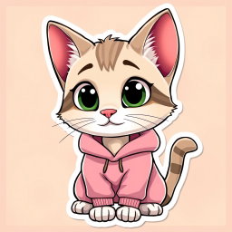 A cute, animated Palla's cat styled like a Pixar character, wearing a cozy pink boxer sweatshirt