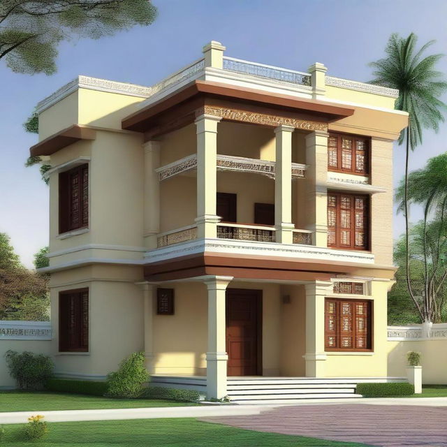 A simple front elevation of a North Indian style house, featuring traditional architectural elements, warm tones, and intricate detailing.