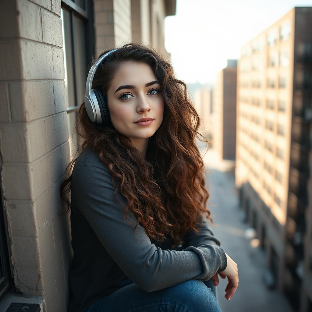 A full-length shot of a young white woman with long curly brown hair and striking brown eyes, sitting on a fire escape of a building