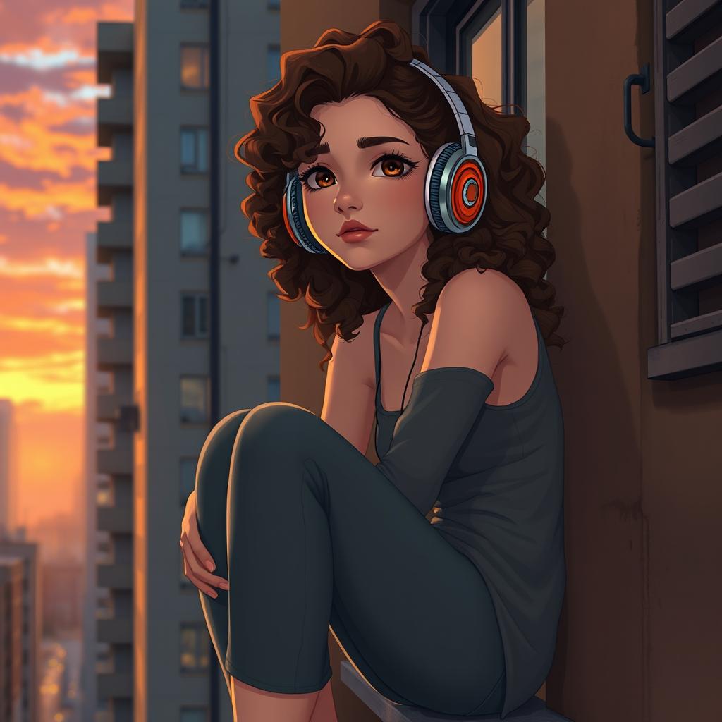 A full body shot of a young white woman with curly brown long hair and striking brown eyes, sitting on the fire escape of a building and leaning against the wall