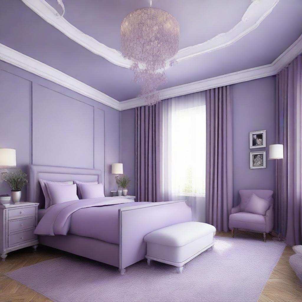 Design the previous 19 x 12 ft bedroom in a soothing shade of lavender. The beddings, walls, and additional furniture pieces should all harmonize with this relaxing tone.