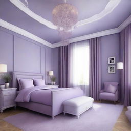 Design the previous 19 x 12 ft bedroom in a soothing shade of lavender. The beddings, walls, and additional furniture pieces should all harmonize with this relaxing tone.