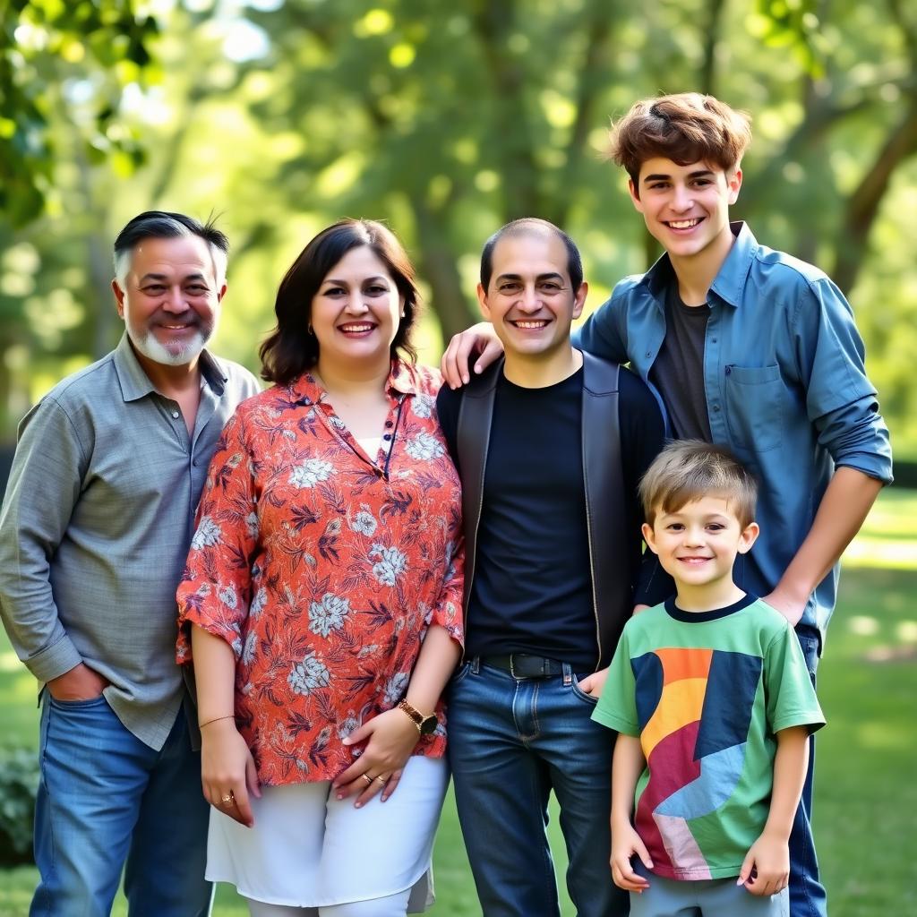 A family portrait featuring four members: a father aged 40 with a warm smile, dressed in casual attire, a mother aged 38, slightly overweight with a cheerful expression, wearing a stylish blouse and jeans, a tall, slender 15-year-old son with a trendy hairstyle and modern clothes, and a 6-year-old boy with an adorable grin, wearing a colorful t-shirt and shorts