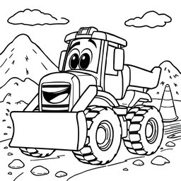A black and white illustration of a cartoon bulldozer truck, designed for a coloring book