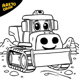 A black and white illustration of a cartoon bulldozer truck, designed for a coloring book