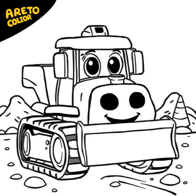 A black and white illustration of a cartoon bulldozer truck, designed for a coloring book