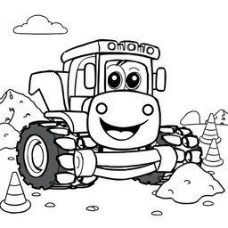 A black and white illustration of a cartoon bulldozer truck, designed for a coloring book