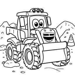 A black and white illustration of a cartoon bulldozer truck, designed for a coloring book